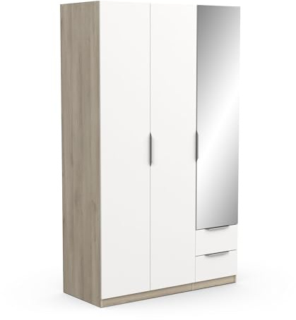 Demeyere 391383 Guardaroba Moderno con Specchio e Armadio a 3 Ante 2 Cassetti 4 Nicchie, Colore Rovere Kronberg & Bianco Opaco, 119.4 x 51.1 x 203 cm, Legno Ingegnerizzato, Grigio