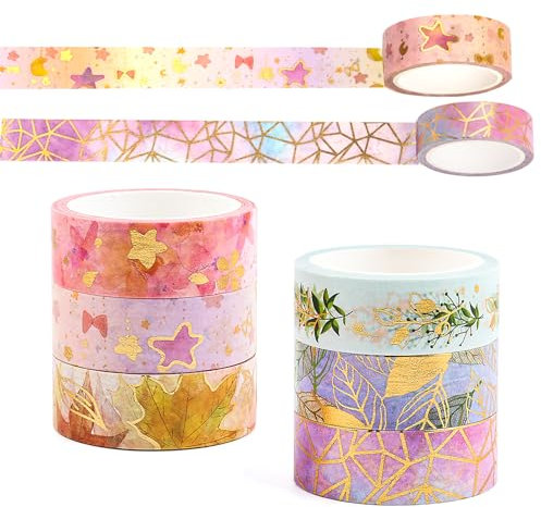RISVOWO 6 Rollen Washi Tape, 15mm x 5m Washi Klebeband Set, Goldfolie Blume Masking Tape Set, Dekoratives DIY Papier Tap für DIY Handwerk, Scrapbooking, Planer