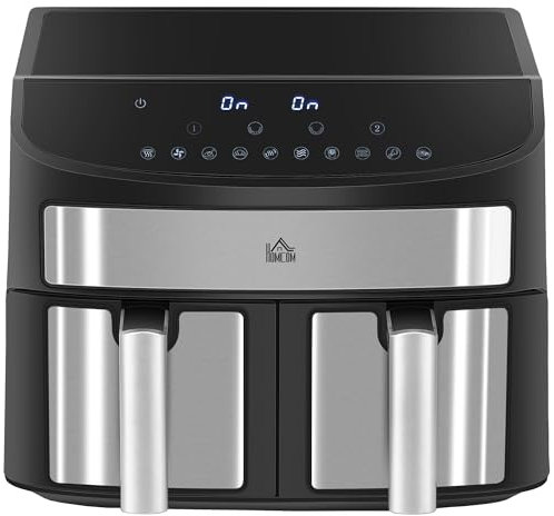 HOMCOM Heißluftfritteuse 8L Fritteuse mit Doppelkammer, Airfryer mit 10 Programmen, 2400 W Luftfritteuse mit Touchscreen, Rezeptur, ohne Öl, Schwarz