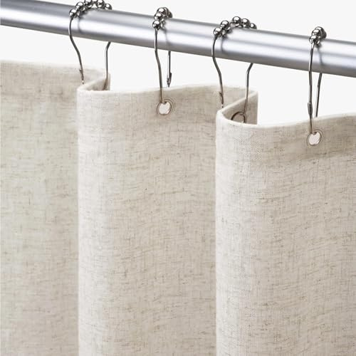 Awellife Duschdraperi i linne, texturerat tyg, bohemisk, lantlig stil, duschgardin med tygfoder för badrum, långt draperi, gräddvit, 183 x 198 cm (B x L)