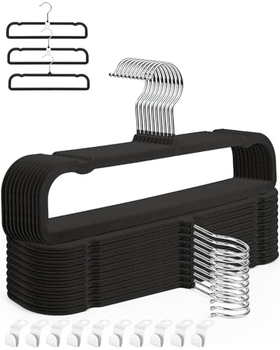 HGYZE Velvet Pants Hangers with Non Slip Bar, 20 Pack Felt Trouser Hanger, Perchas Terciopelo, Percha para Pantalones with 360° Swivel Hook for Spaghetti Strap Dresses, Shorts, Jeans, Slack, Black