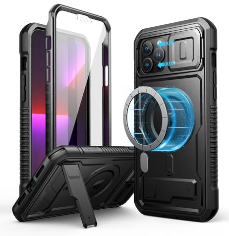 Dexnor Magnetic Bumper Case for iPhone 12 Pro Max, MagSafe Comapitble, Heavy-duty Shockproof Full-body Rugged Protective Cover with Kickstand & Camera Cover & Screen Protector - Black