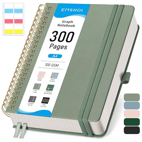 EMSHOI A4 Graph Paper Notebook, Spiral Notepad 150 Sheets/300 Pages, 100gsm, Hardback, Sticky Notes, Pocket, Pen Loop, Ruler, Bookmark, Squared Journal for Women Men Writing, 21x28.5cm, Sage Green