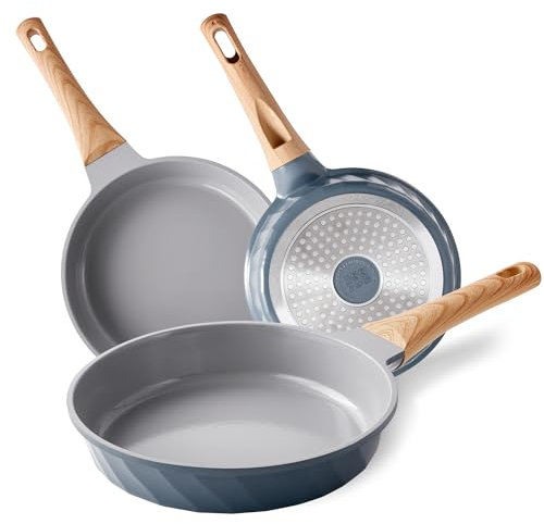RIOVARM Induzione Set di padelle Ceramica Antiaderente Set di pentole senza PFOA 20 cm 24 cm 28 cm Padelle per omelette con manici in bachelite a grana di legno Grigio e blu