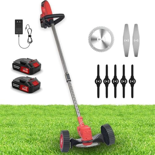 YQDDM Débroussailleuse à gazon à roulettes 3 en 1 avec 2 piles et chargeur, coupe-herbe légère, coupe-bordures / mini-tondeuse pour pelouse, cour, jardin
