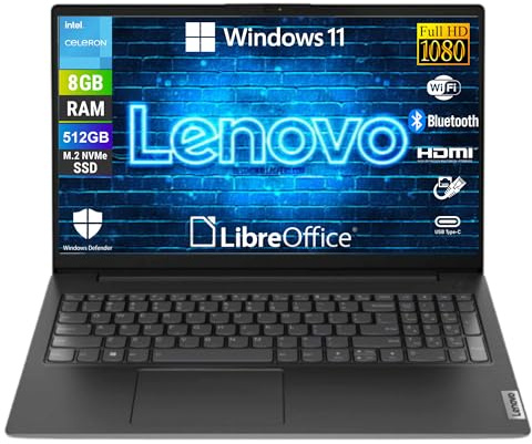 Lenovo, Notebook Pc Portatile, Display 15,6 Full HD, Intel N4500 2 Core Fino a 2.8 Ghz, Ram 8 GB DDR4, 512 GB SSD NVMe, Win 11 Pro, Pronto all'uso