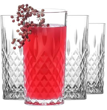 NORDIC SCHILLER Cocktail Glasses, Highball Glasses, Set of 4, 360 ml 100% Lead Free Dishwasher Safe Water Drinking Glasses Tumblers, Ideal for Fruit Juice, Milk Shake, Iced Coffee
