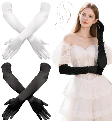 WiDream 2 Pezzi L-unghi G-uanti Donna Eleganti, G-uanti Stile Vintage Per Donna L-unghi, Guanti Da Sera Retro Lunghi Neri Bianchi Paio, Guanti Neri Lunghi Per Feste Nuziali, Costumi, Serate, Matrimoni