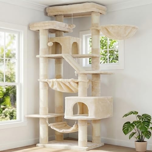 Heybly klösträd, 180 cm högt klösträd för innekatter med 2 plattformar, 2 stora sovhus, 2 hängmattor, korg och klösbräda, stor kattmöbel med sovplats, beige HCT034M | Katträd med 2 plattformar, 2 stora sovhus, 2 hängmattor, korg och klösbräda, stora kattmöbler med sovplats