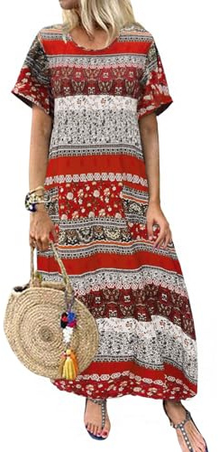ZANZEA Maxi Dresses for Women Short Sleeve Crew Neck Floral Summer Casual Dresses A Line Loose Oversized Boho Dress with Pockets Floral Print Red S
