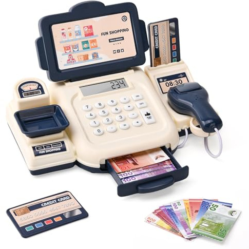 LTFIOON Cassa Giocattolo per Bambini, Registratore di Cassa Giocattolo con Scanner, Soldi Finti e Calcolatrice, Registratore di Cassa Supermercato Giocattolo per Bambina Gioco di Ruolo per bambini 3+