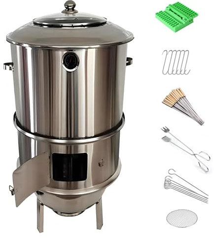 WPWSDWMX Barile per Affumicatura, Griglia Sospesa in Acciaio Inox per Barbecue, Rotazione a 360° Senza Fumo, Design Antiscottatura