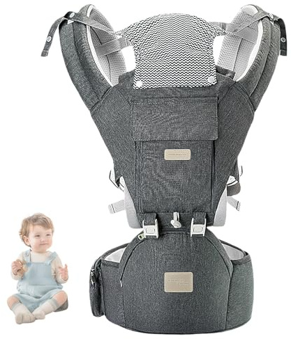 Marsupio per neonati dalla nascita per 3 – 36 mesi, in cotone, ergonomico, con seggiolino per bambini, morbido e traspirante, per viaggi, passeggiate, utilizzabile tutto l'anno (grigio)
