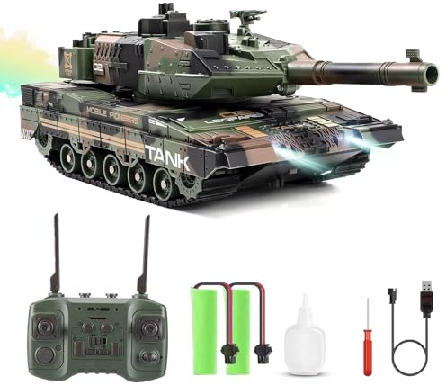 Joysweetoy RC Tank for Kids, 2.4Ghz Remote Control Army Tank that Shoots, 1:24 RC Military Vehicles with 360° Rotating Turret, Auto Demo, Sound, Light and Smoke,Toy Gift for Boys Ages 6-12