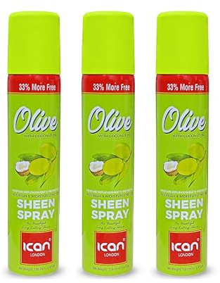 ican London Olive Oil Sheen Spray with Coconut Oil, Nourishing and Moisturising, 100ml, Pack of 3