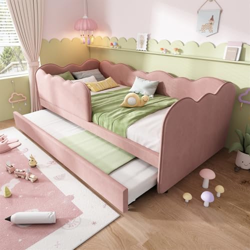 Cama tapizada, sofá cama 90 x 190 cm, cama de día con cama nido, cama individual con somier, cama juvenil, cama de invitados, terciopelo, rosa, sin colchón