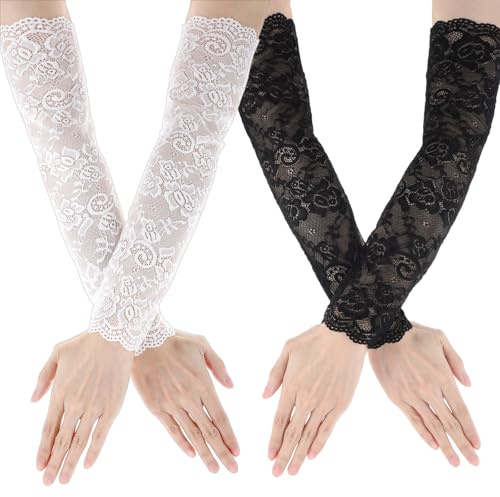 2 Paar Spitzenhandschuhe Schwarz,Armstulpen Damen Lang Fingerlose Weiße Spitzenhandschuhe Damen Lace Gloves Arm Sleeve Blumen Fingerlos Handschuhe Brauthandschuhe für Bankett Opern(Schwarz/Weiß)