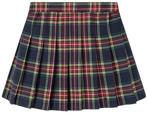Hotfiary Girls Pleated Skirts, Navy Red Plaid, 9-10 Years, Kids School Uniform Elastic High Waisted Skater Tennis Skorts, Teen Plain Color A Line Mini Skirt with Lining Short