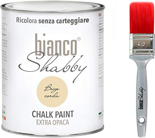 bianco Shabby Pintura a la Tiza para Todas las Superficies - 1 L Chalk Paint Beige Corda + Brocha 40mm para Muebles de Madera - Interior & Exterior