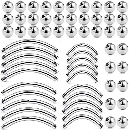 LAURITAMI 60pcs Bolas de Piercing Reemplazo 16G 14G Barbell Curvado Barra Labio Ceja Ombligo 8-12mm Acero Quirúrgico Plata Joyas Piercing del Cuerpo