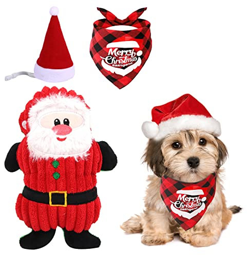 Hunde-Weihnachtskostüme und Spielzeug-Set, Welpen-Mütze und Bandana, Outfits für Weihnachten, Kauspielzeug für kleine Welpen Hunde umfassen Flauschiges