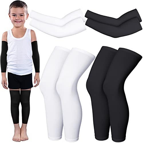 Charniol 4 Pairs Kids Arm Sleeves for Basketball Kids Long Compression Leg Sleeves and Arm Sleeves Youth Basketball Leg Sleeves(Black and White,Medium)