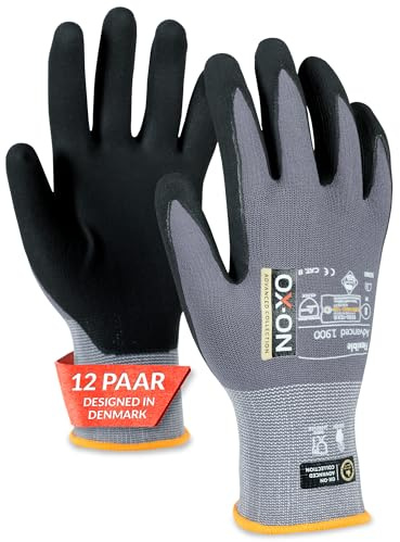OX-ON Flexible Advanced 1900 Grey Work Gloves, Durable Safety Gloves, Secure & Precise Grip, Protective & Comfortable Nitrile Gloves, Phone Touch Function, Food Contact Sanitised - 12pairs,Size 9/L
