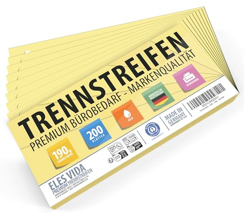 Hålade skiljeremsor gula 200 stycken - Kraftigt material - Robusta, skrivbara - FRÅN TYSKLAND - För ringpärmar - Registerblad för bättre ordning 24 x 10,5 cm -