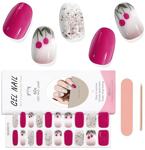 EBANKU 20PCS Smalto Adesivo per Unghie, Glitter Rosa Rossa Unghie Gel Adesive UV Smalto Adesivo Gel UV Full Wraps Lampada UV/LED con Lima e Stick per Donne Ragazze