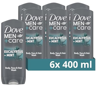 Dove Men+Care Eucalyptus + Mint 3-in-1 Hair, Body and Face Wash Body Cleanser shower gel with 24 hour nourishing MicroMoisture technology for a revitalising fragrance 6x 400 ml