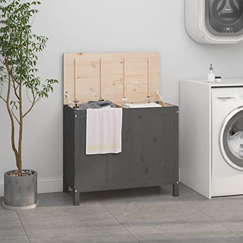 LAPOOH Cassapanca per bucato in legno massello di pino grigio 88,5x44x76 cm, panca per ingresso, panchine per cucina, panca per spogliatoio - 823581