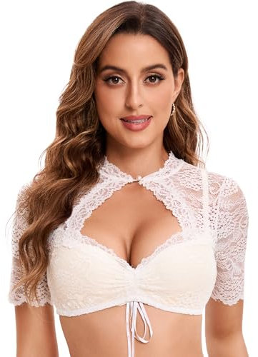 Goxozzy Dirndl Bluse Damen Oktoberfest Trachtenbluse Sexy Jacquard mit Knopf Weiß Schwarz Größen 34-44​ (DE/NL/SE/PL, Numerisch, 38, Regular, Regular, Weiß)