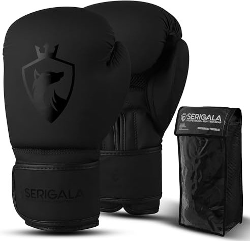 Serigala Boxhandschuhe mit idealer Stabilität und Schlagkraft - Punching Handschuhe für Boxen, MMA, Muay Thai, Boxsack Training und Sparring - Inklusive Tasche schwarz/schwarz 10 oz