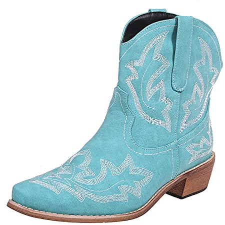 OTMYIGO Womens Ankle Boots Cowboy Boots embroidery Walking Boots Pull on mid calf western boots Pointed toe Retro style short boots