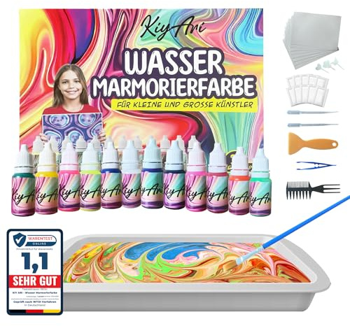 Wasser-Marmorierfarben-Set – 12 kräftige Farben & 10 A4-Blätter – Bastelset für Kinder ab 6 Jahren | Kreatives DIY Malset zum Malen auf Wasser | Sicheres Geschenk für Jungen, Mädchen & Erwachsene