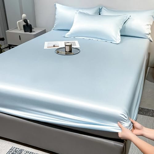 Mesnt Spannbettlaken 120x200cm, Lyocell-Faser Einfarbig Bettwäsche Spannbetttuch Matratzenschoner, Hellblau