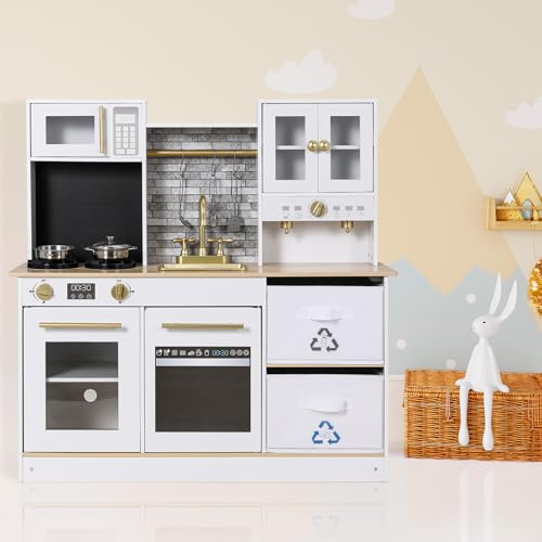 Cocina de juguete con luz y sonido, cocina de muñecas de madera, 90 x 30 x 90 cm, cocina infantil, cocina de juguete con 2 grandes cajas de almacenamiento, juguetes para niños, con accesorios de