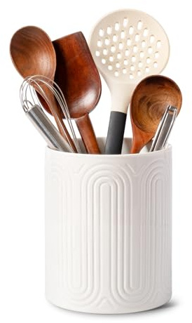 INSETLAN Ceramic Utensil Holder, Kitchen Utensil Organizer for Countertop, Arch-Design Utensil Crock for Farmhouse Decor & Kitchen Counter, Perfect Housewarming Gift (Large)