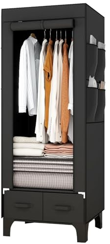 OPPAIYA Armadio in tessuto con asta appendiabiti, 2 ripiani, 8 tasche laterali e 2 cassetti, stabile per camera da letto, armadio con cassetti, colore nero, 160 x 45 x 69 cm