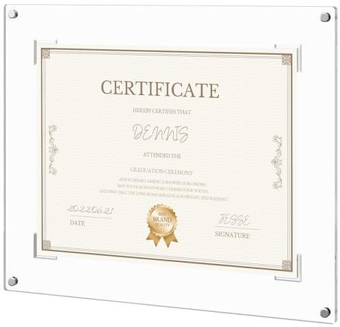 NIUBEE Diploma Frame 8.5x11, Upgrade Acrylic Frame with Certificate Anti-Slip Slot & Wall Damage-Free Floating, Display for Document, College Degree, Award, Letter Size Paper, Ideal for Home or Office Wall (1-Pack)