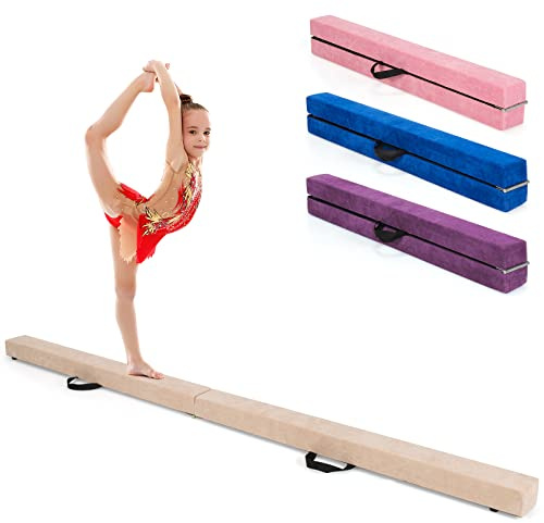 GOPLUS Barra de Equilibrio Plegable 210 CM, Barra de Gimnasia Portátil con Base de Madera Maciza y Fondo Antideslizante, Viga de Equilibrio con Asa para Entrenamiento Profesional (amarillo terroso)
