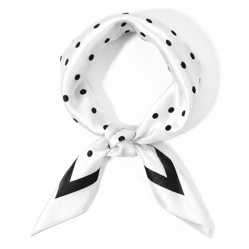 Psyqtsuary Chiffon Scarf, Square Neck Scarf Black Polka Dot Bandana Square Handkerchief Vintage Bow Headband Head Scarves Bandana Headband Satin-Scarf for Women and Girls (White, 70 × 70cm)