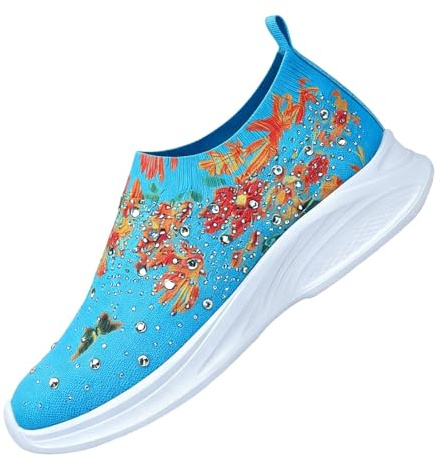 Generiska sportskor för kvinnor, strass, sneakers, stickade stickade blomtryck, sneakers, slip-on, sport, promenader, platå-vandringsskor, löparskor, promenadskor för vandring, arbete, camping