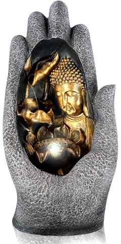 GEEZY Garden Water Feature – Palm Buddha Fountain with LED Lights – Mains Powered, Self-Contained, Indoor & Outdoor – Easy Setup, Cascading & Tranquil – Great for Garden, Home, Patio & Balcony Decor