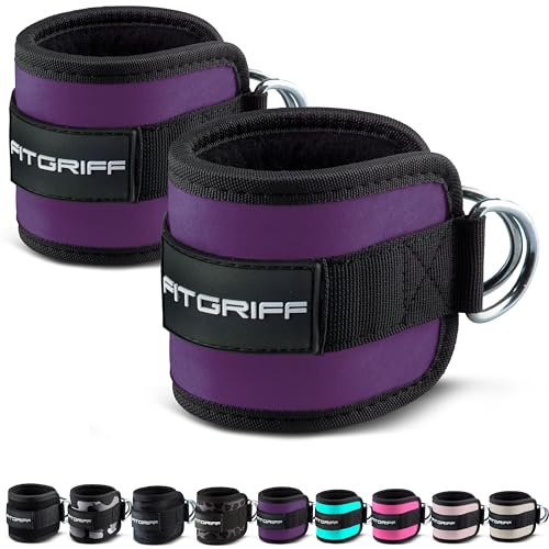 Fitgriff® Tobilleras Poleas Gym V1 (2 Piezas) - Correas Tobillo Gimnasio para Patadas Gluteos, Fitness - Accesorios de Ejercicio (Morado)