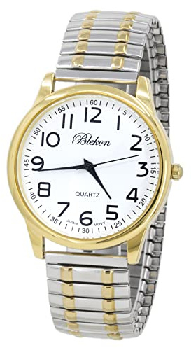 Blekon Collections Unisex Large Face Easy to Read 40mm Case Japanese Quartz Movement Stretch Band Watch (Two-Tone)