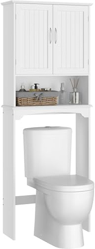 Yaheetech Over The Toilet Cabinet, Double Door Bathroom Storage Organizer, Toilet Rack with Inner Adjustable Shelf and Open Storage Shelf, White