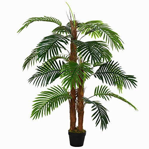 Outsunny Planta Artificial Palmera Altura 120 cm Árbol Artificial con 3 Troncos y 19 Hojas para Decoración Hogar Oficina Ø16x120 cm Verde
