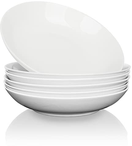 JSYMJSY Teller Set, 6er Keramik Pastateller, Kuchenteller, Salatteller, Weiß Porzellan Tiefe Speiseteller für Spaghetti Frühstück Mittagessen Abendessen, Mikrowellenfest Ø20.3cm