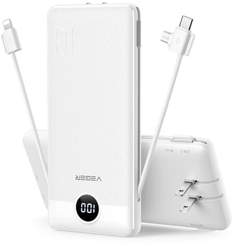 VEGER Portable Charger with Built-in AC Plug and Cables, All in One 10000mAh Ultra Slim Power Bank Travel Essentials, Fast Charging Battery Pack Compatible with iPhone, Samsung, Android (White)